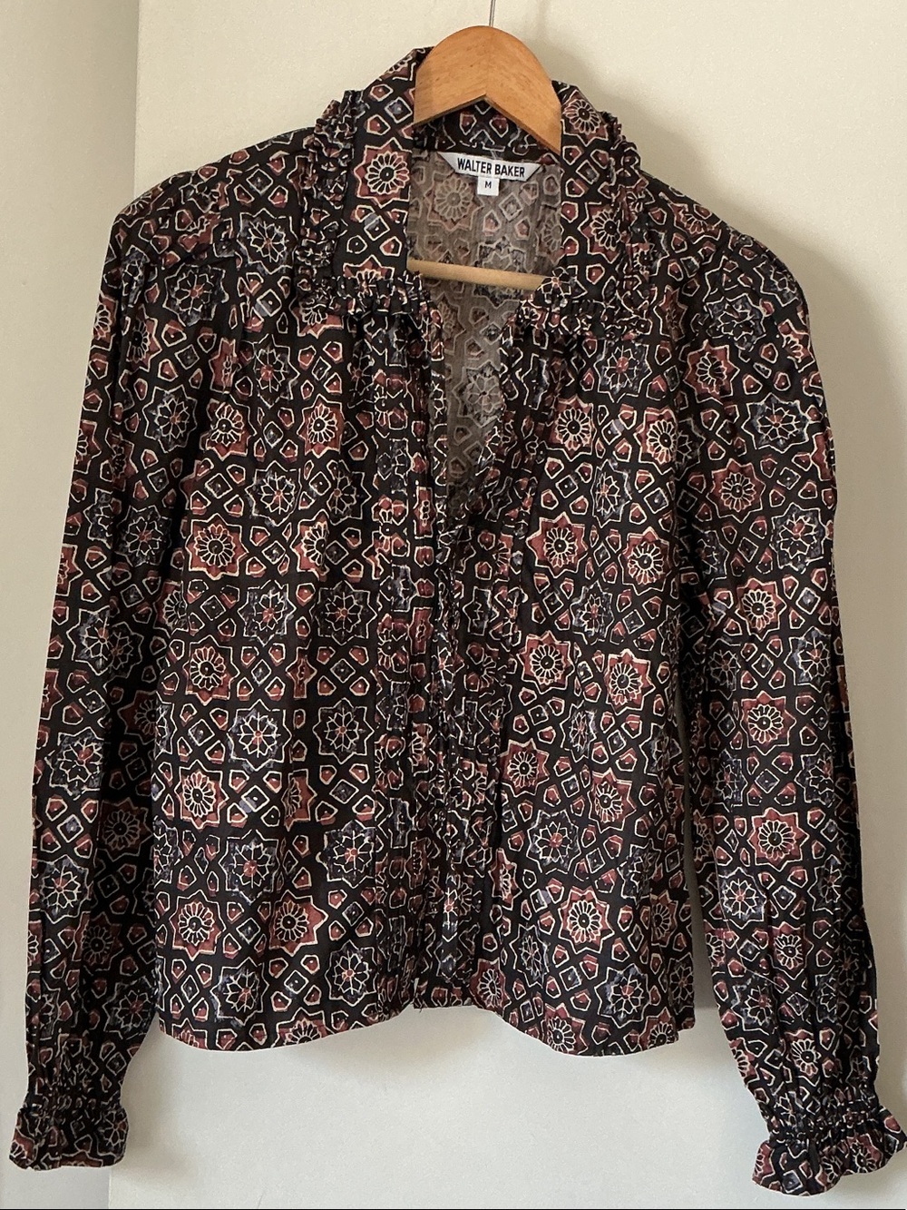 Walter Baker Black Blouse with Rose Geometric Print and Ruffles